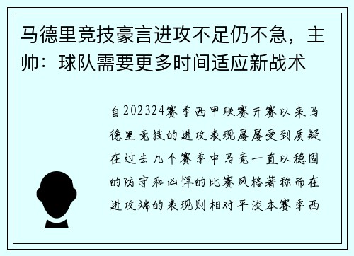 马德里竞技豪言进攻不足仍不急，主帅：球队需要更多时间适应新战术
