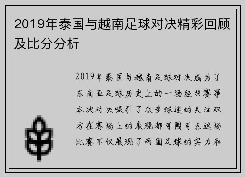 2019年泰国与越南足球对决精彩回顾及比分分析