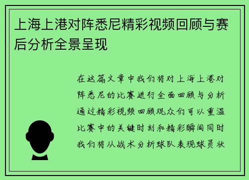 上海上港对阵悉尼精彩视频回顾与赛后分析全景呈现