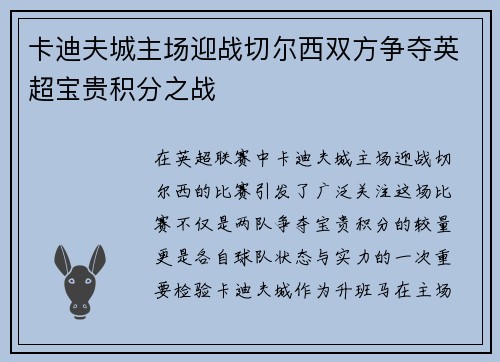卡迪夫城主场迎战切尔西双方争夺英超宝贵积分之战